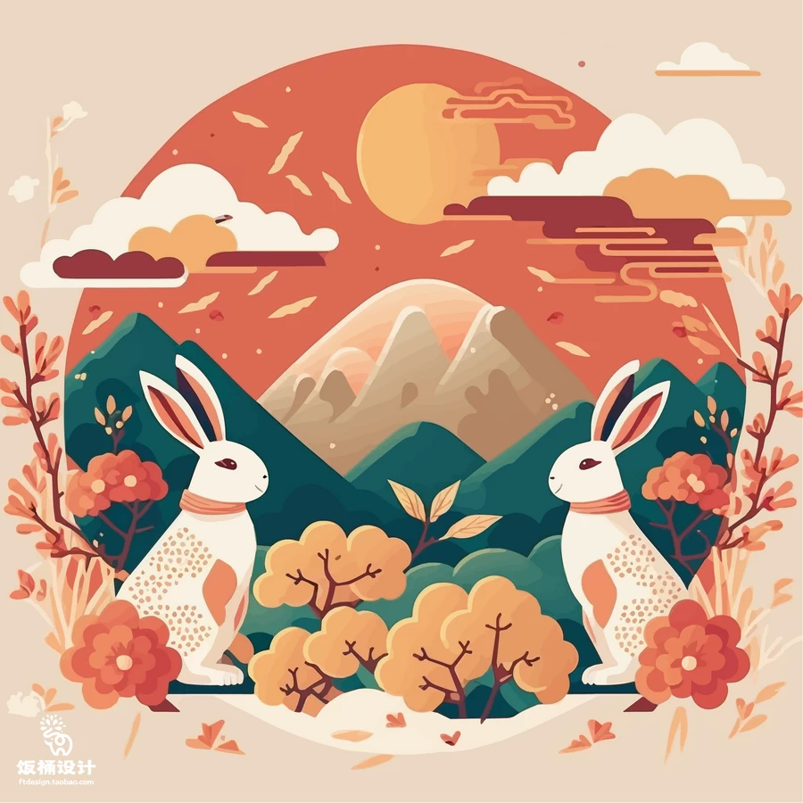 2023新年创意卡通兔子兔年元素风景插画海报背景AI矢量设计素材【003】